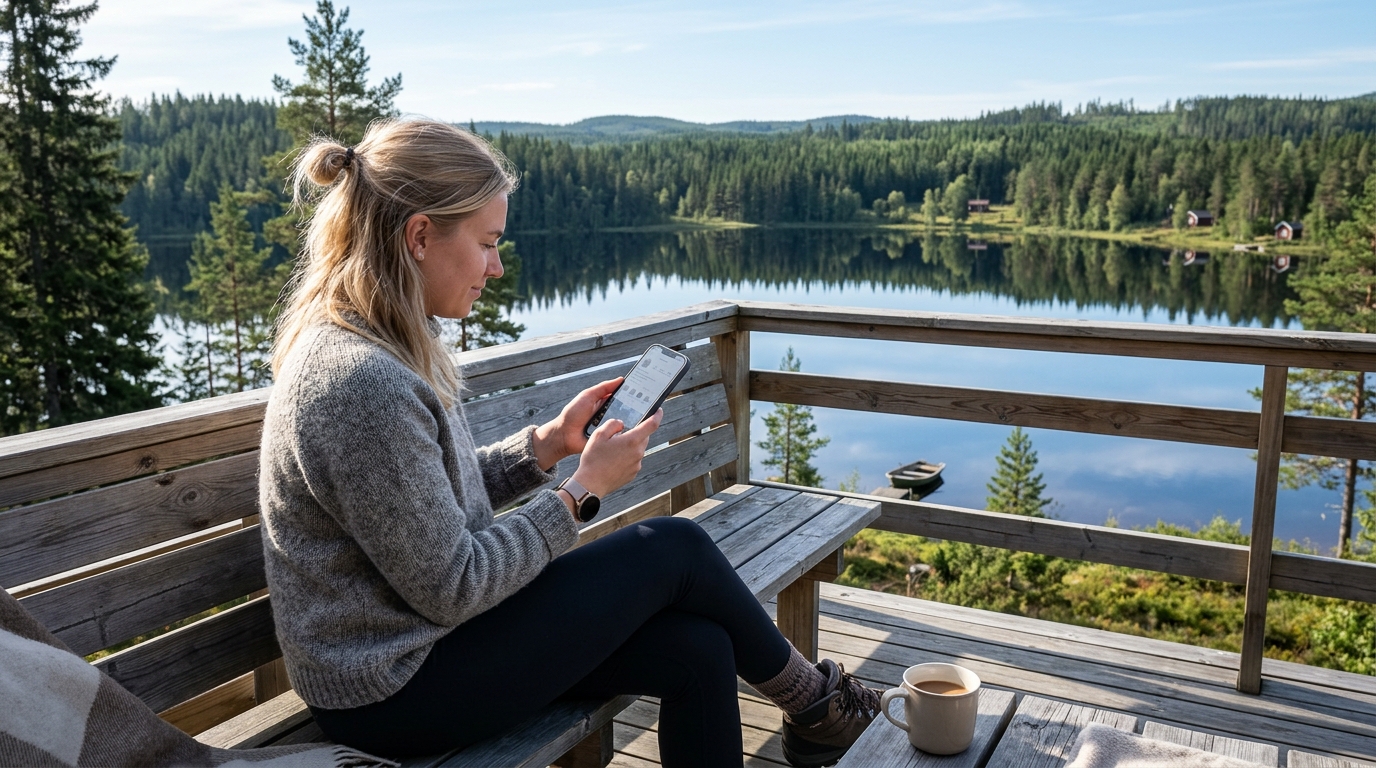 Person som använder smartphone på träveranda vid en svensk sjö och tallskog