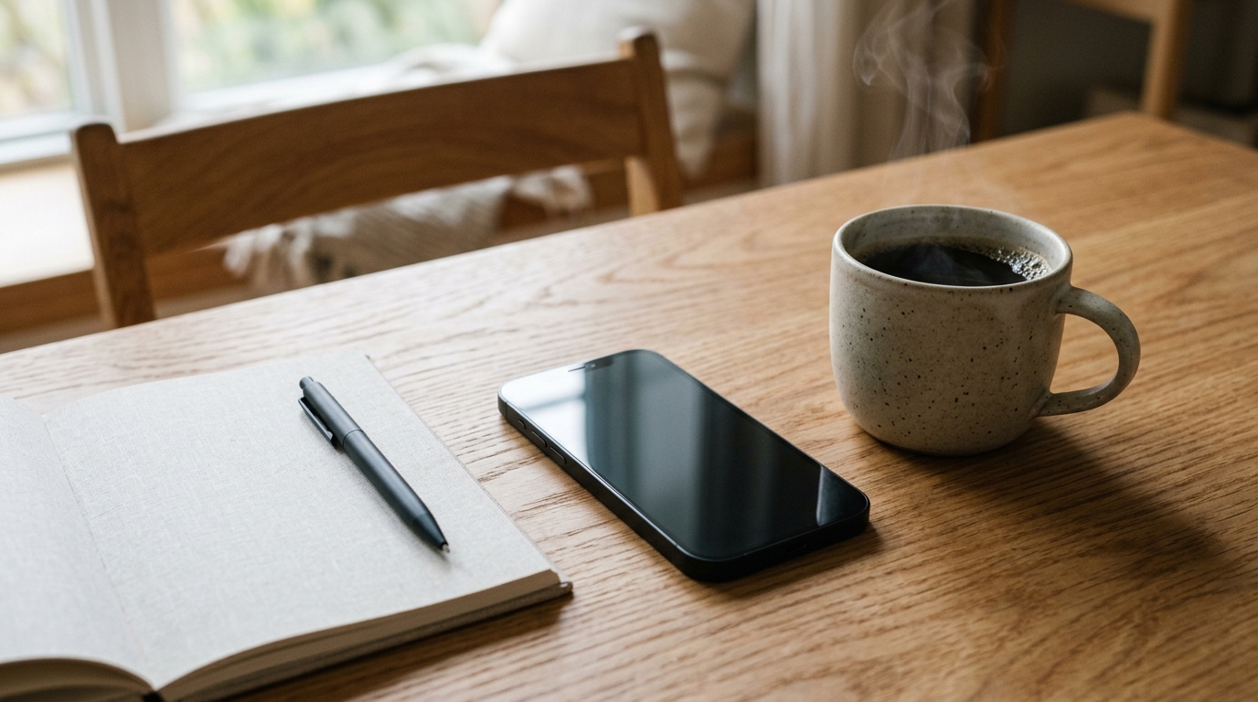 Modern smartphone med skärmen avstängd på ekbord bredvid kaffekopp