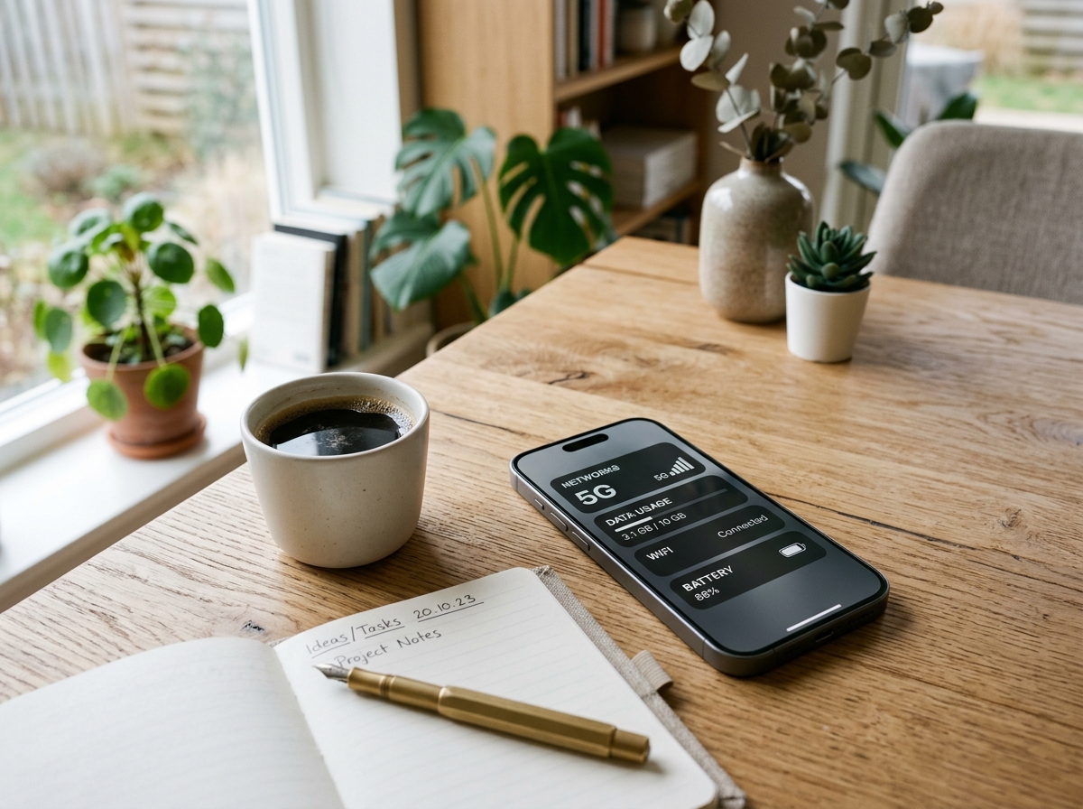 Modern smartphone vilande på ljust ekbord med kaffekopp